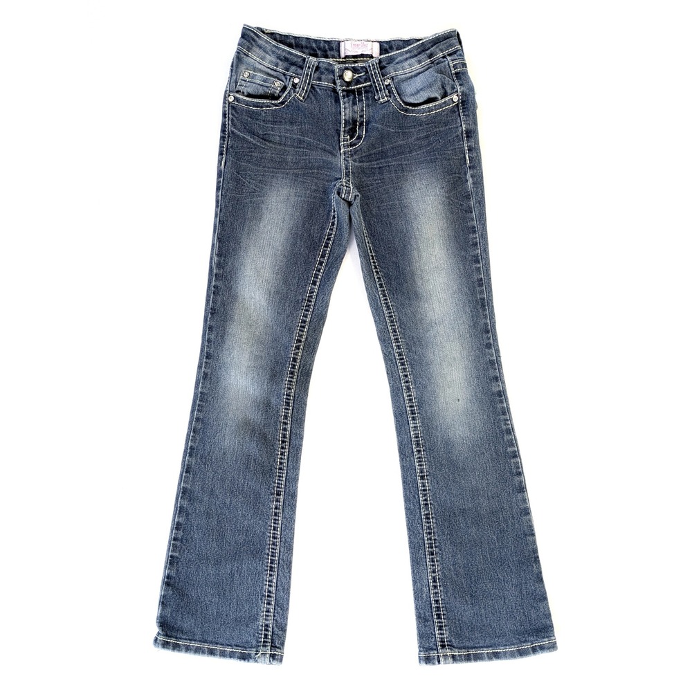 Karma Blue Rhinestone Jeans - Girl's 8 - Bootcut Medium Wash Thick Stitch Flare